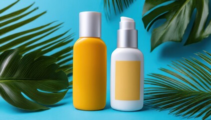 Two Cosmetic Bottles With Palm Leaves on Blue Background, Representing Beauty Products and Summer Wellness : Generative AI