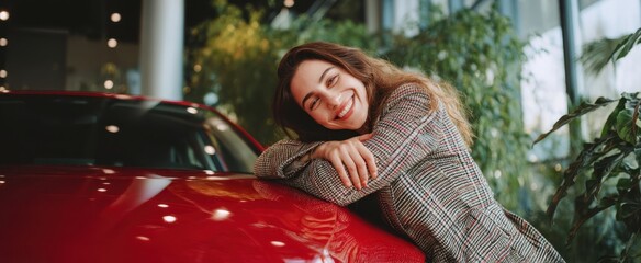 The happy woman embracing a red car in a stylish dealership environment