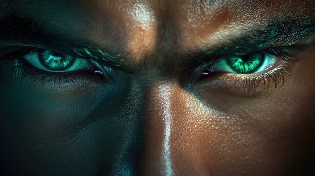 Intense man with piercing green eyes, dramatic blue light. Serious, focused gaze.