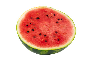 Close-up of a halved juicy watermelon with black seeds. isolated object