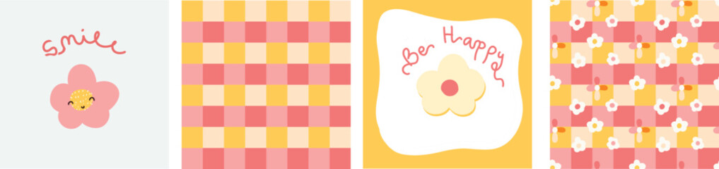 Fototapeta premium Set of Happy Handwritten Quote with Cute Flower, Pastel Gingham Floral Pattern in Pink and Yellow, Cute “Smile” Flower Character with Handwritten and Bright yellow and pink Gingham Seamless Pattern