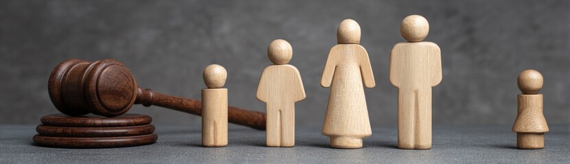 Wooden Family Figures With Gavel, Representing Legal Protection, Divorce, and Family Law Services : Generative AI