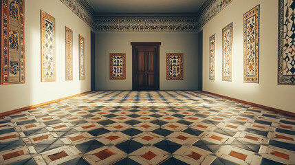 A grand hall with a richly patterned, tiled floor leading to a large wooden door, flanked by ornate, decorative wall panels and elegant architectural details.