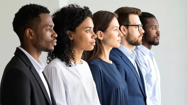 Diverse group of business people standing in a row, side view, facing forward, multiethnic team, team work, successful, confident looking future