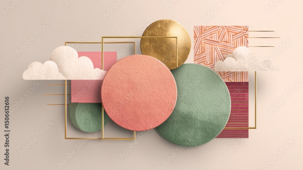 Aufkleber abstract geometric composition with clouds and gold frames, ideal for modern art and creative presen