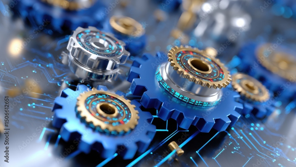 Poster blue and gold gears interlocking on circuit board, symbolizing engineering precision and technologic