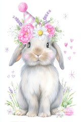 Adorable Bunny Wearing Flower Crown and Party Hat, Ideal for Children's Illustration and Spring Celebration, Evoking Innocence and Joy : Generative AI