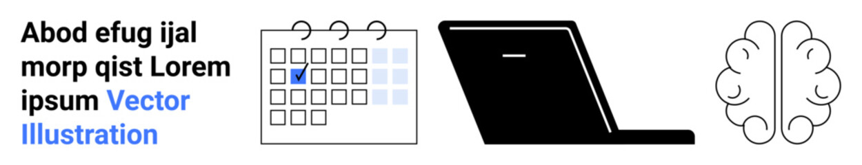Calendar with a selected date, laptop, and brain outline suggest organization, productivity, technology, and creativity. Ideal for teamwork, strategy, education innovation workflow simple landing