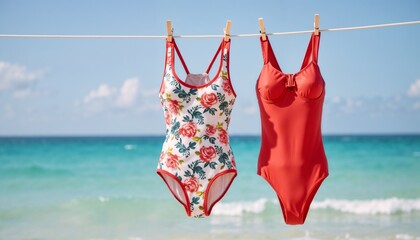 Two swimsuits hanging on a clothesline by the beach with a bright sunny sky and ocean background