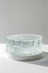 A frosted podium stage with a white background