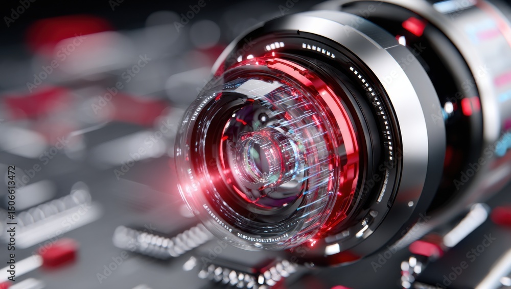 Aufkleber Futuristic Lens on Circuit Board With Red Light, Representing Technological Advancement and Digital Innovation in Engineering and Robotics : Generative AI