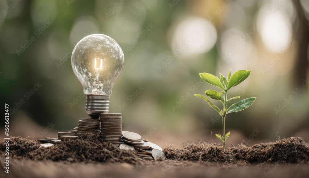 Aufkleber light bulb on coins next to seedling in soil, symbolizing sustainable investment and financial growt