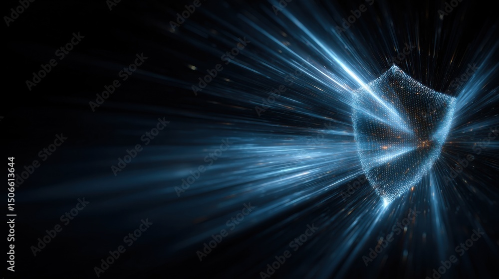 Aufkleber Glowing Shield Symbol on Dark Background With Light Rays, Representing Cybersecurity and Data Protection Solutions for Business : Generative AI