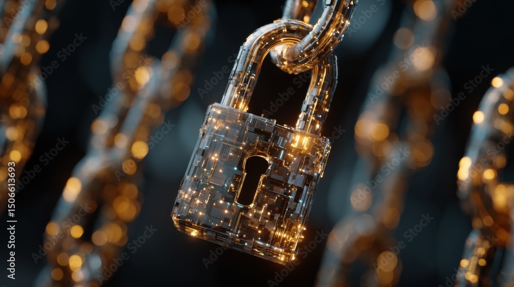 Poster futuristic padlock connected to chains, representing cybersecurity and data protection for digital t