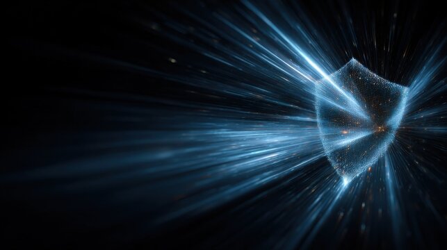 Glowing Shield Symbol on Dark Background With Light Rays, Representing Cybersecurity and Data Protection Solutions for Business : Generative AI
