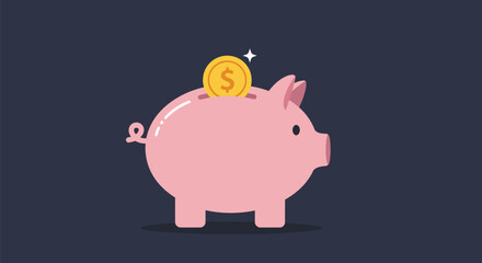 Flat-style vector of a minimal piggy bank with a gold coin halfway inserted at a 45° angle, featuring a subtle shine line; clean design, perfect for finance and savings content