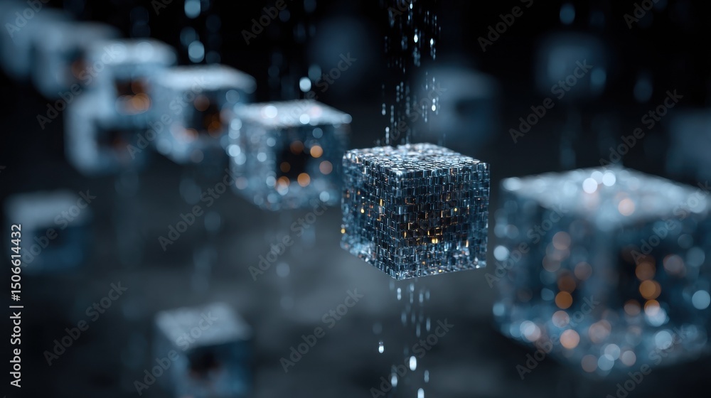 Poster floating cubes composed of smaller cubes, symbolizing data connectivity and digital transformation i