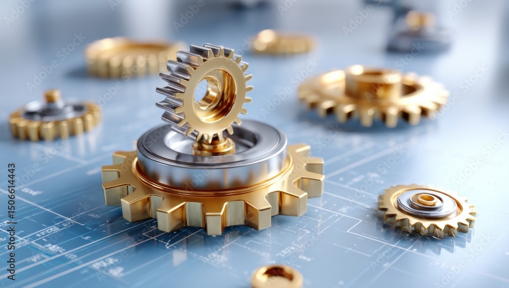 Aufkleber golden and silver gears on blueprint background, symbolizing engineering precision and technological