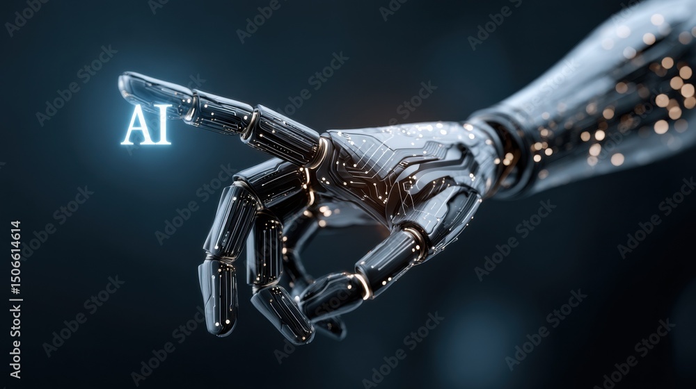Poster robotic hand hovering over glowing ai text, symbolizing technological innovation and future advancem