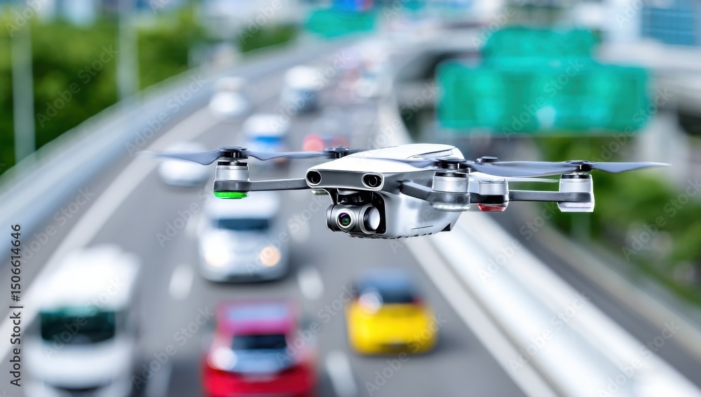 Poster drone flying over highway traffic, illustrating technological advancement and future transportation 