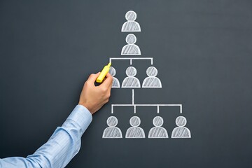 Hand drawing hierarchical business organization chart on blackboard
