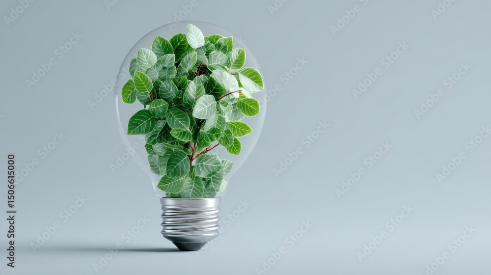 Poster light bulb filled with green leaves on soft gray background, symbolizing environmental awareness and