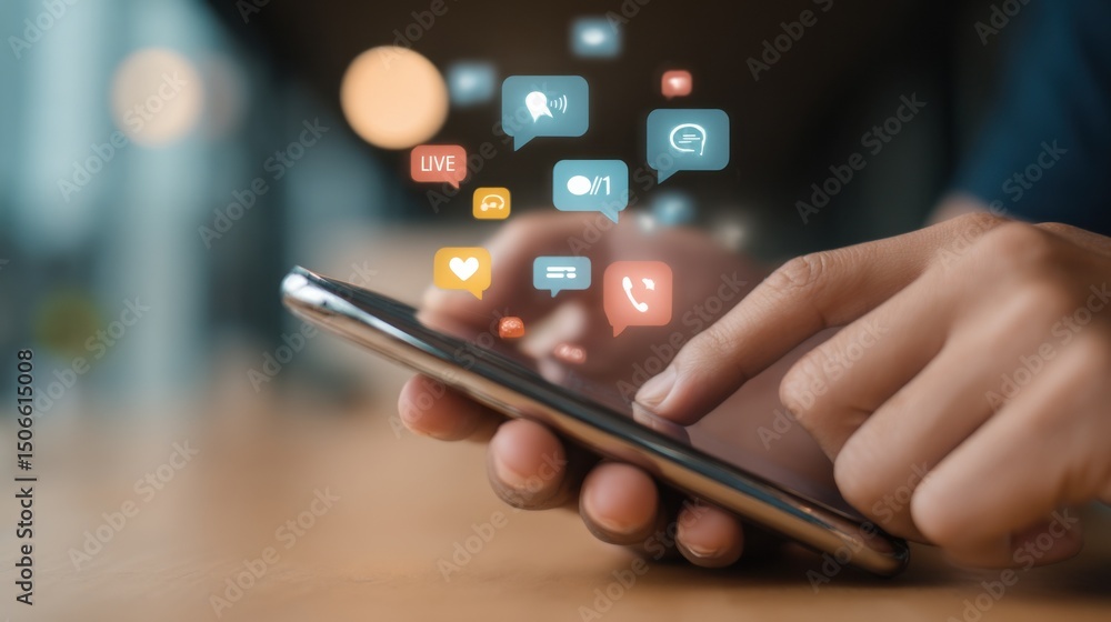 Aufkleber Person Using Smartphone With Social Media Icons, Symbolizing Digital Communication and Online Connection for Modern Lifestyle and Global Networking : Generative AI