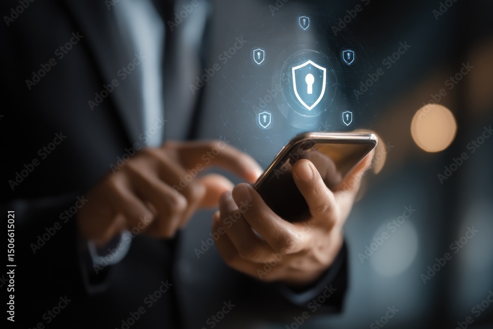 Aufkleber person using mobile phone with security shield overlay, representing cybersecurity and data protecti