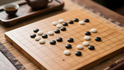Go Board with Black and White Stones in Strategic Arrangement, Traditional Chinese Mind Game Still Life
