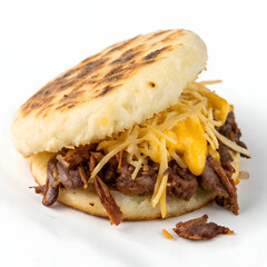 A delicious arepa filled with savory shredded beef and melted cheese, isolated on white to highlight its rich texture and hearty flavor.