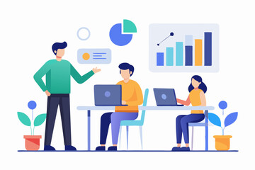Flat Vector Illustration of Manager Giving Project Update with Charts and Team Around Table