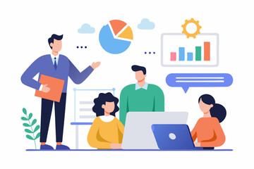 Flat Vector Illustration of Manager Giving Project Update with Charts and Team Around Table