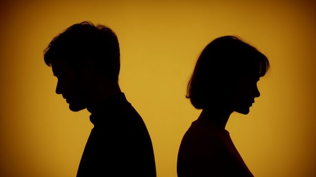 Silhouette of a man and woman facing away from each other, symbolizing conflict or separation, with a warm orange background.