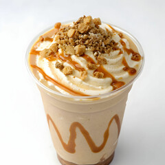 A creamy frappe topped with caramel drizzle and crunchy nuts, isolated on white to showcase its rich texture and indulgent flavor.