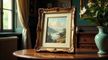 A Gilded Frame Encases a Serene Landscape Painting Displayed on a Polished Wooden Table