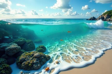 Ocean's Embrace A Serene Underwater Seascape with Vibrant Coral Reef and Gentle Wavelets on a Sunny Beach