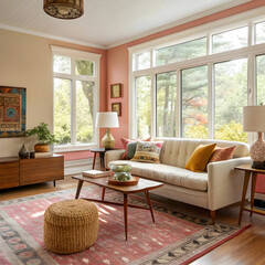 Mid-Century Style Living Room with Warm Colors and Artistic Flair, Blending Retro Charm with Cozy,