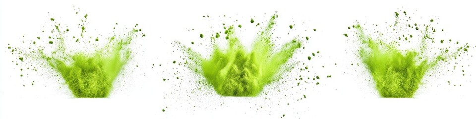 Three vibrant lime green powder explosions against a stark white background, showcasing dynamic bursts and fine particles