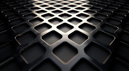 A dark, metallic grid of intersecting diamond shapes, reflecting light, creating a sense of depth and texture