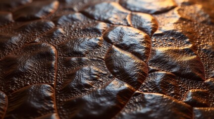 Close-up Detailed Texture of a Rich Brown Leather Surface with a Unique Pattern and Subtle Light Reflections