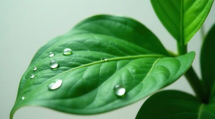 Close-up of vibrant green leaf with glistening droplets of water, showcasing the beauty of nature's details