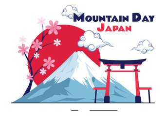 Mountain Day in Japan Vector Illustration on August 11 Celebration Featuring Mount Fuji and Sakura Flowers in a Flat Style Cartoon Background