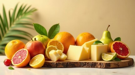 A vibrant still life showcasing a medley of citrus fruits, a juicy pomegranate, a pear, and creamy cheese wedges arranged on a rustic wooden board