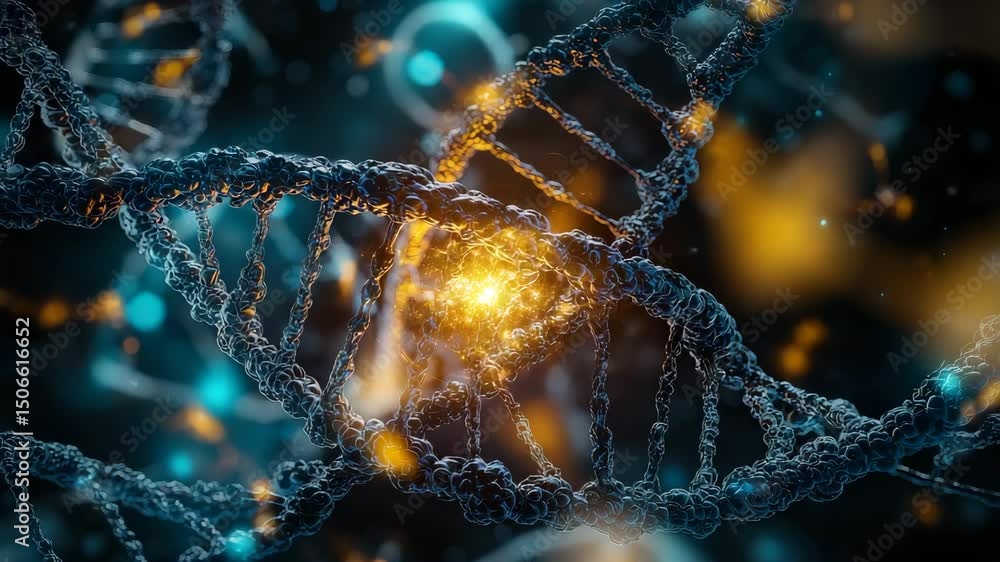 Poster a glowing strand of dna double helix is shown in a dynamic, high-tech digital environment with brigh