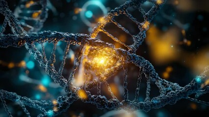 A glowing strand of DNA double helix is shown in a dynamic, high-tech digital environment with bright molecular connections. - Powered by Adobe
