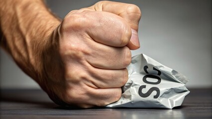A clenched fist crushes crumpled paper, symbolizing frustration or intensity in a dramatic close-up.