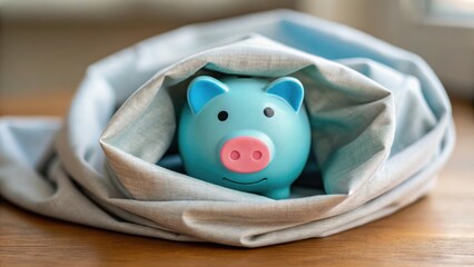 A blue piggy bank is nestled in a light gray cloth, symbolizing savings and financial security in a cozy setting.
