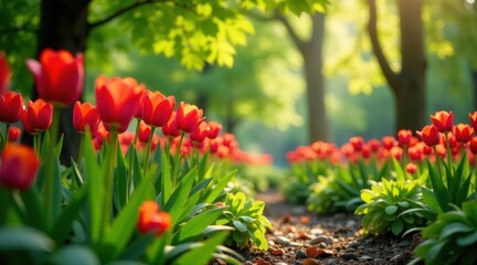Obraz premium Vibrant Red Tulips Blooming in a Sunlit Garden Path