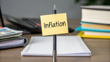 A pen holds a sticky note labeled "Inflation," positioned on a desk with notebooks and a blurred laptop in the background.