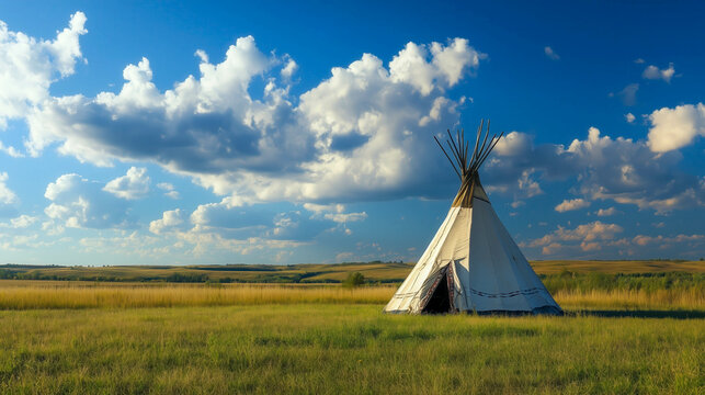 White teepee standing in the middle of a green field under a cloudy sky